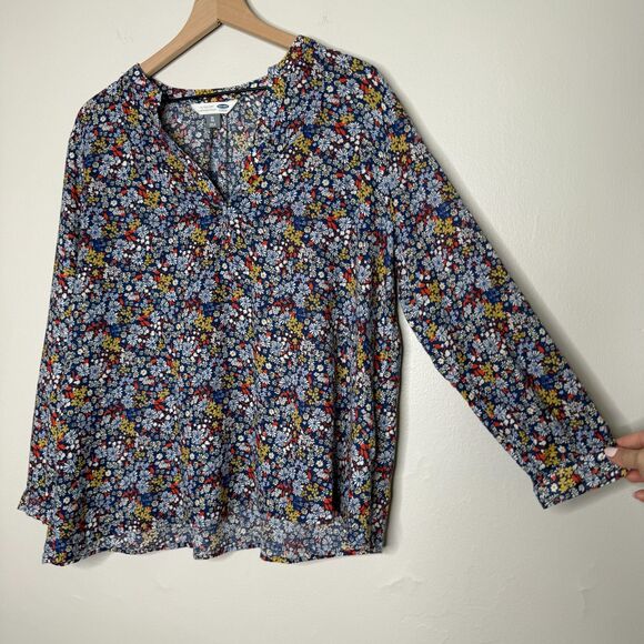 Old Navy Womens Popover Tunic Top XL Blue Red Floral Linen Sheer Vacation Spring - Picture 6 of 11